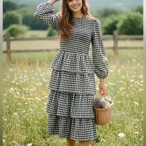 JESSAKAE Lemon Drop Gingham Midi Tiered Ruffle Dress in Black and White NWT